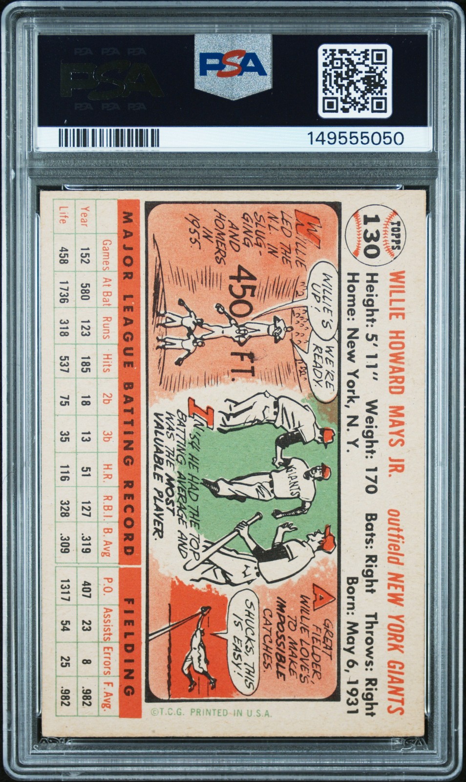 1956 TOPPS WHITE BACK #130 WILLIE MAYS PSA 3 view 2