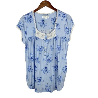 Eileen West Pajama Top Shirt Womens M Pretty Pansies Blue Floral Modal Lace Trim