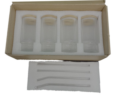 Set of 4 Ribbed Glass Tumblers w/ Bamboo Lids, Glass Straws & Cleaning Brush