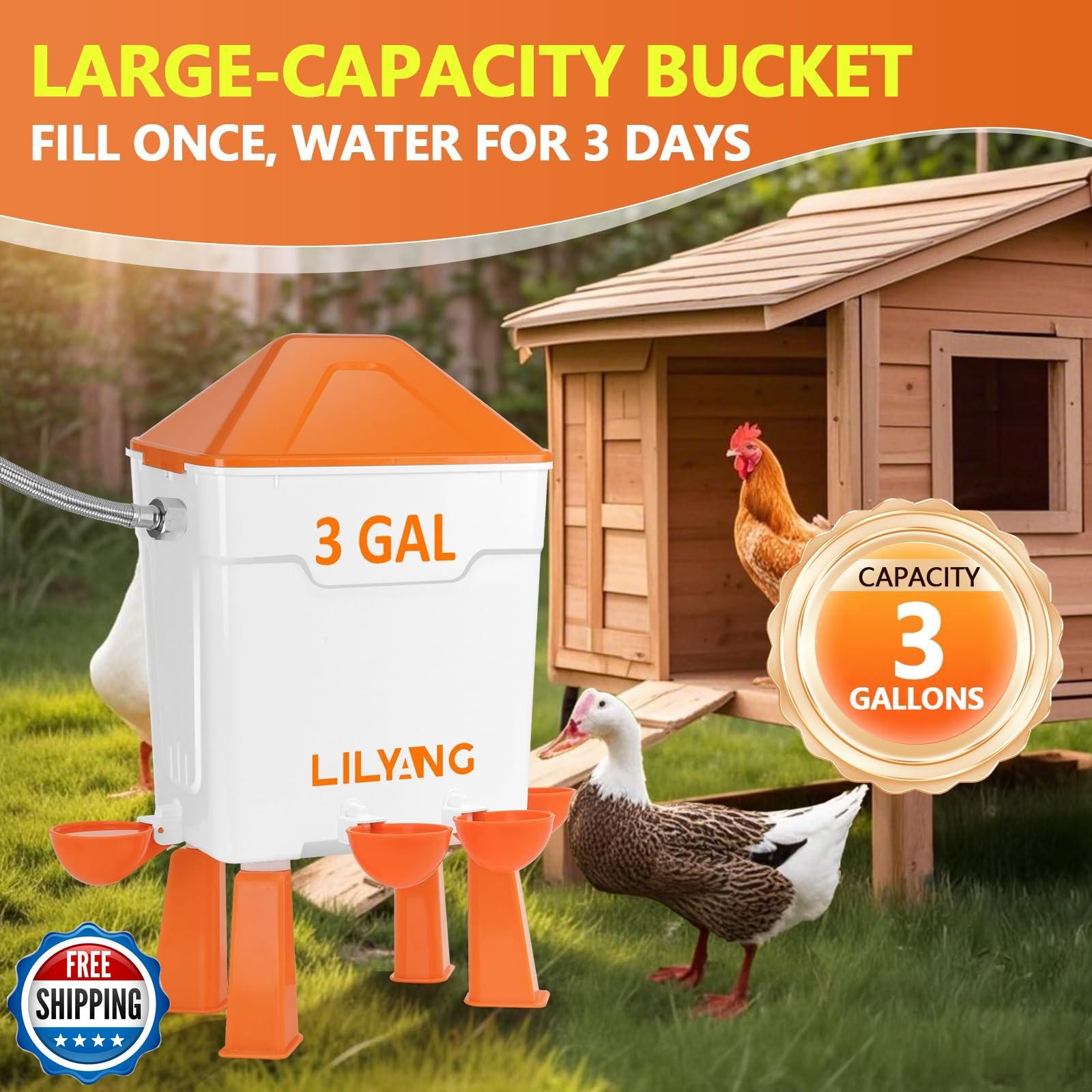 Lilyang Automatic Chicken Waterer 3 Gallon | Float-Control Poultry Waterer, H