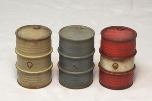 1/16 WW2 German Three 200L Fuel Drums. Built and Painted Grey, Yellow and Red.