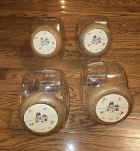 4pc Clear Square Glass Canisters 16 oz w/ Oak Wood Lids Country Floral