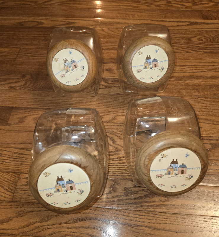 4pc Clear Square Glass Canisters 16 oz w/ Oak Wood Lids Country Floral