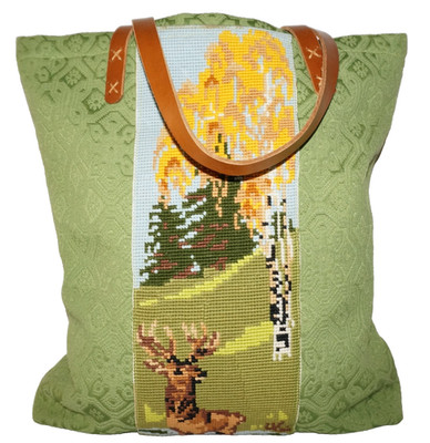 Vintage ARTISAN CRAFTED Large Green Cross-Stitch, Textile, & Leather Tote Bag