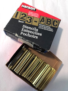 Vintage HANSON 92 INTERLOCKING 2.5" BRASS STENCILS 1.25” Letters Numbers Box