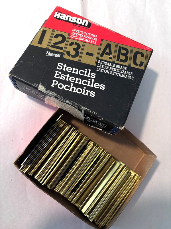 Vintage HANSON 92 INTERLOCKING 2.5" BRASS STENCILS 1.25” Letters Numbers Box