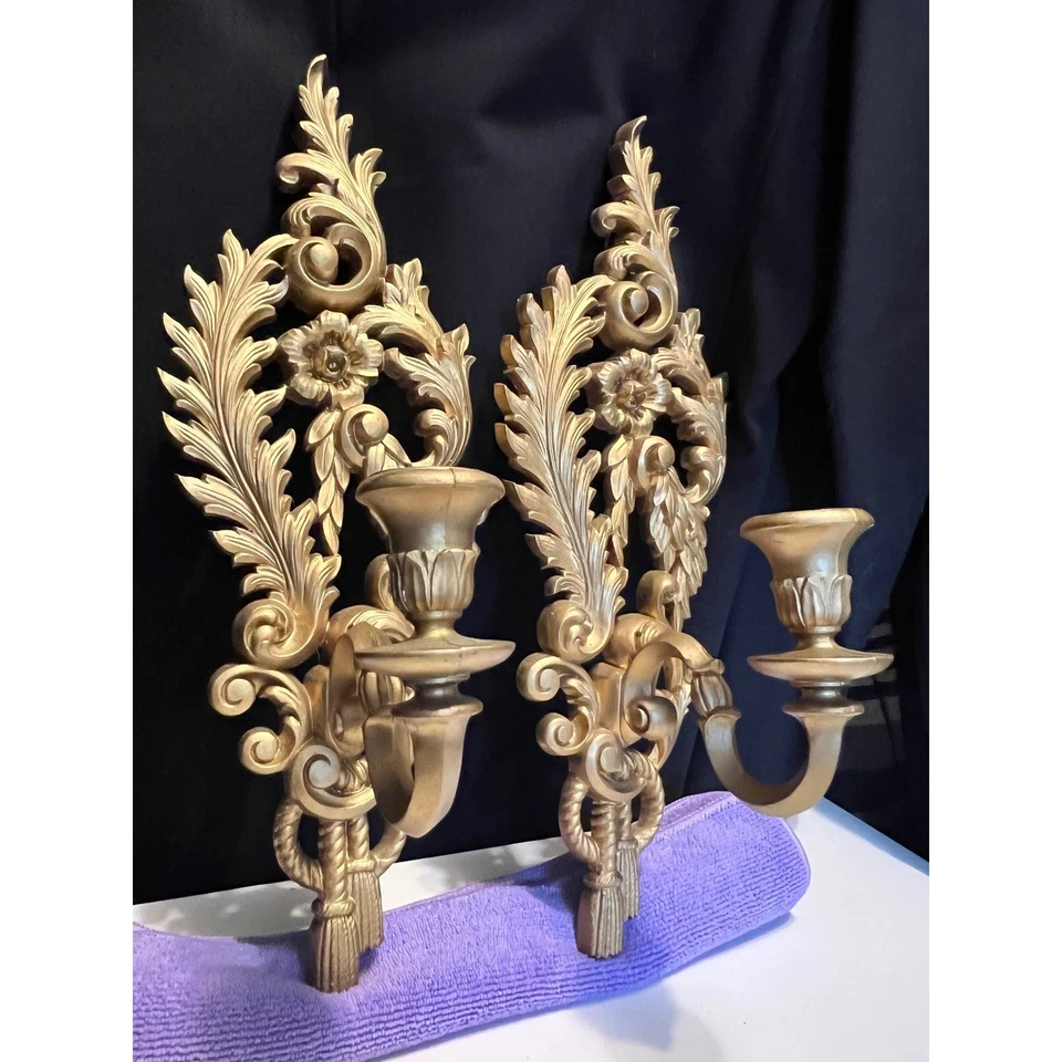 Vintage Gold Ornate Floral Wall Sconce Candle Holders Pair Hollywood Regency - Image 2 of 4