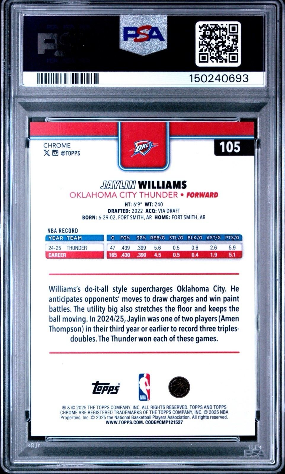 Topps Chrome 2025 Jaylin Williams Black Pulsar /10 #105 PSA 10 Thunder view 2