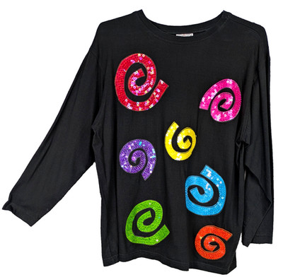 1X 2X Ultra Pink Black 100% Cotton Sequin Beaded Multi-Color Spirals Top VINTAGE