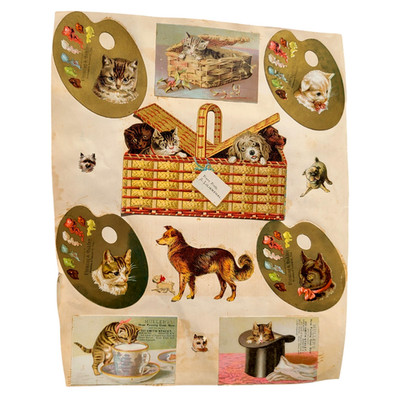 Antique Victorian CAT & DOG Diecut Scrapbook Page  Vintage Trade Card Scraps Lot