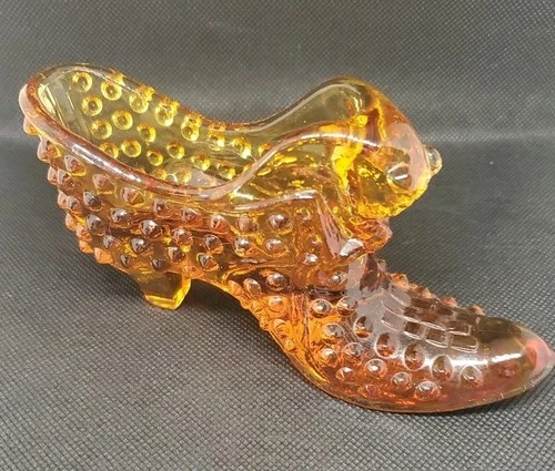 Vintage Fenton Art Glass Amber Hobnail Shoe Kitten Cat Head Slipper 3995