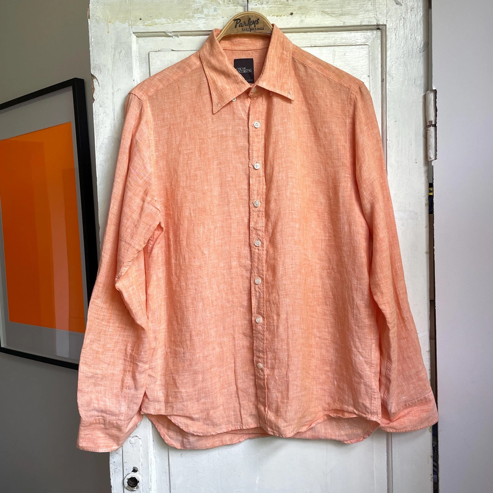 Oscar Jacobson 100% Linen Shirt Regular Fit Size M Peach Orange