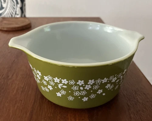 Vintage PYREX Green Crazy Daisy Casserole Dish 473 1 QT Spring Blossom No Lid