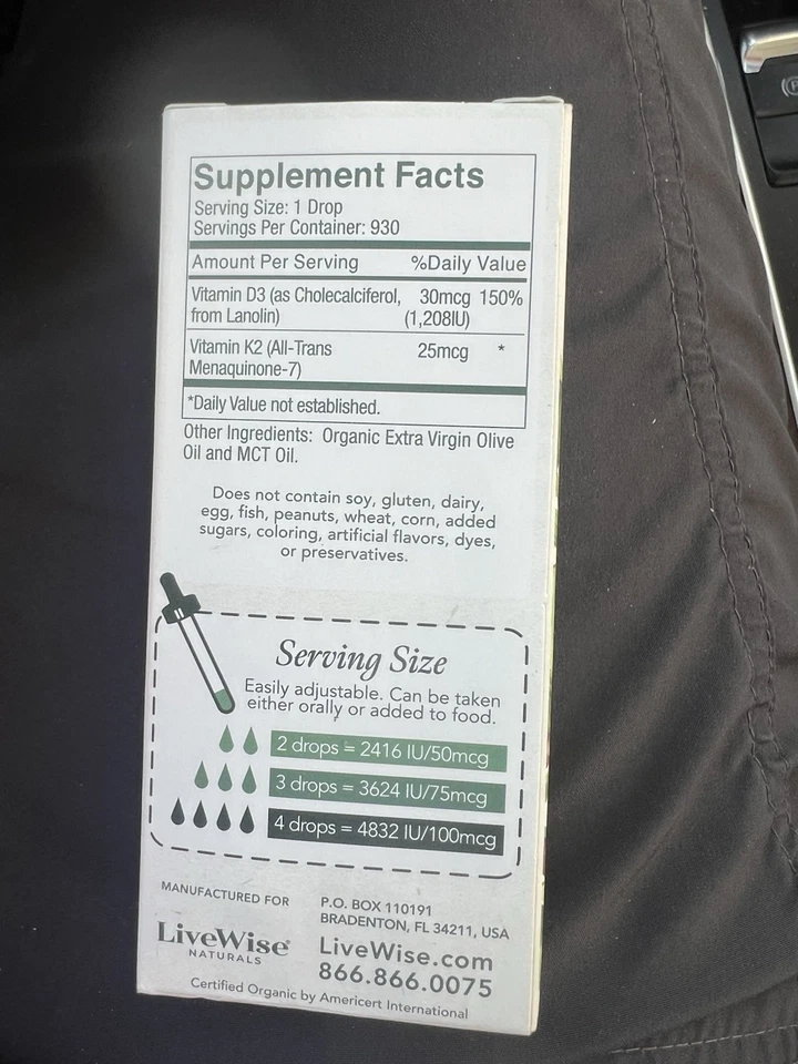 Vitamina D3 con K2 Gotas Líquidas Todo Natural No OGM 1208IU D3 y 25mcg K2 MK... Foto 3 de 4