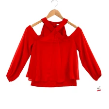 Bar III Women's Red Cold Shoulder Sleeve Back Keyhole Chiffon Blouse Top Size XS
