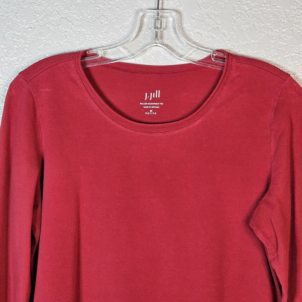 Camiseta J. Jill Talla M Petite Rojo Enrollado Cuello Redondo Mangas Largas Algodón Spandex Foto 2 de 4