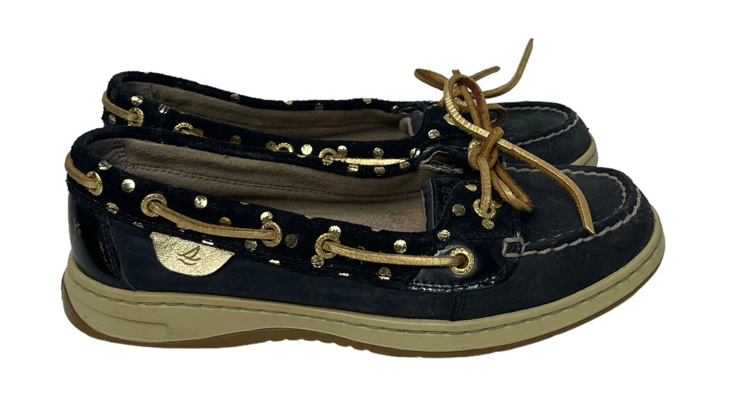 SPERRY Top Sider Navy Blue Slip On Boat Shoes with Gold Polka Dots