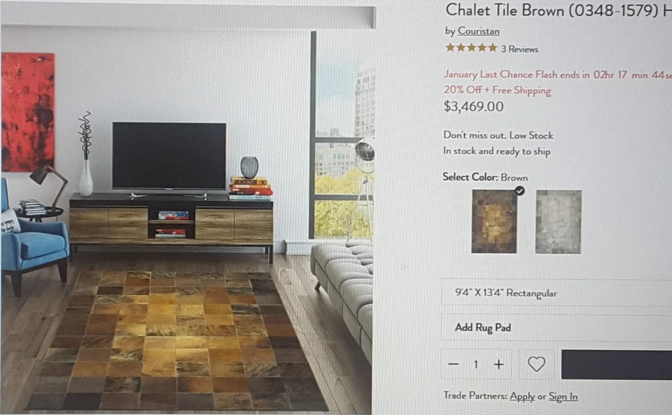 NUEVO CON ETIQUETAS $3,469 NUEVO Alfombra de cuero de vaca Couristan Chalet 0348/1579 tejida a mano 9'4"x13'4" Foto 3 de 4