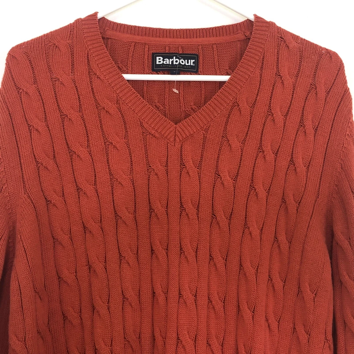 Barbour Cable Knit Sweater Cashmere Blend V Neck Mens Large