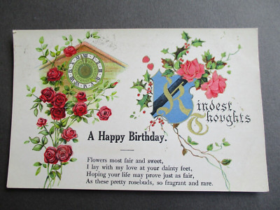Postkarte Geburtstag 1915 Gruß Uhr Rosen Blumen meist schön & süß Vers