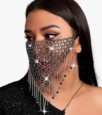 Women Masquerade Rhinestone Bling Face Veil Mask Tassel Fringe Trim Party Club