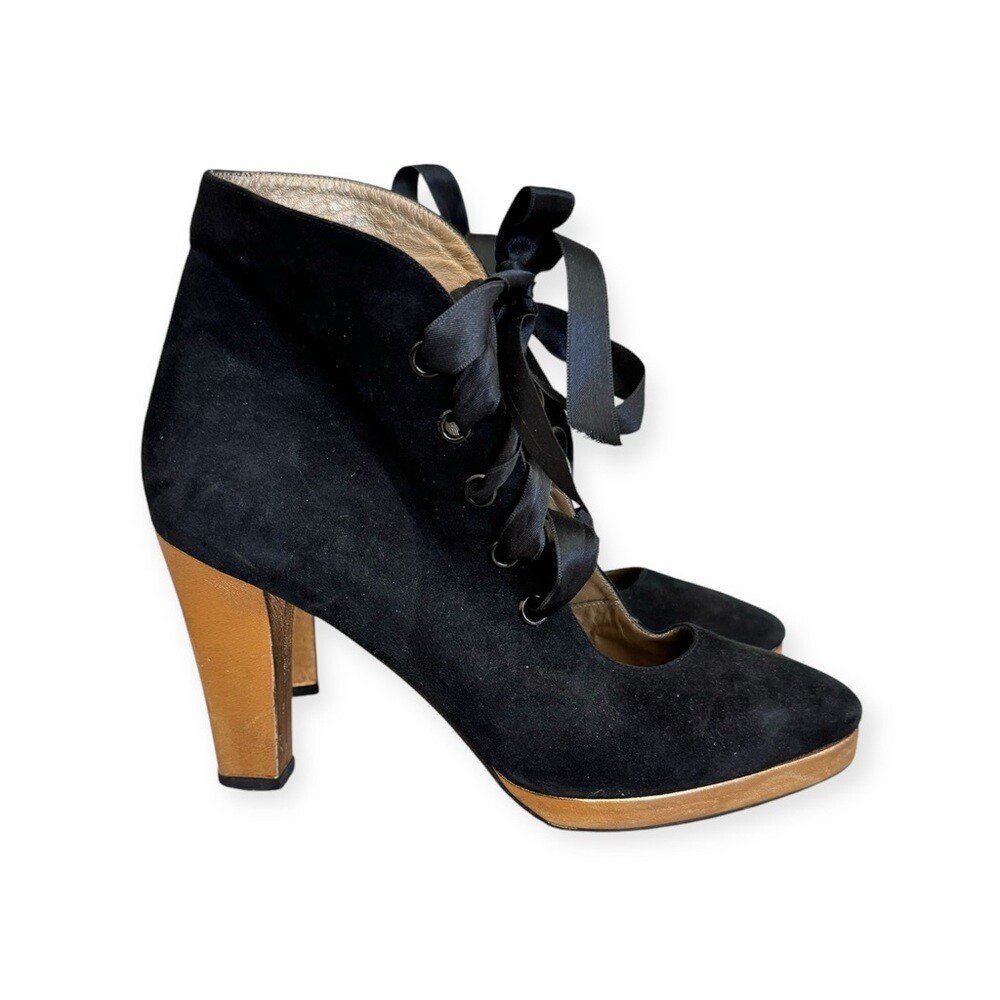 Tacchi stringati vintage anni 90 Yves Saint Laurent neri scamosciati taglia 39 US 8 8 5