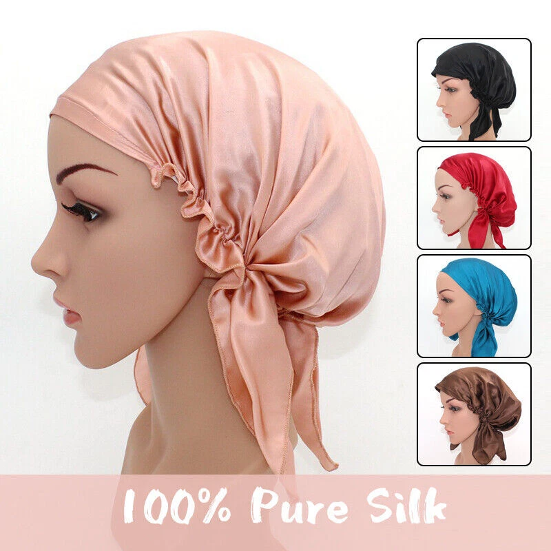 Gorra gorro para dormir 100 % seda morera - envoltura ajustable para el cabello nocturno para mujer Foto 4 de 4
