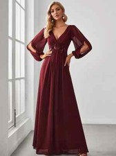 Elegant evening dress with lantern sleeves V-neck A-line chiffon ball dress