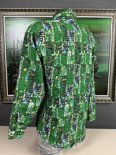 Camisa de manga larga de poliéster con patrón verde hilado liso discoteca de los años 70 - mediana - Imagen 3 de 10