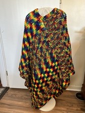 1970s Granny Hand Knit Crochet Poncho Shawl Multi Color Boho Hippie Pullover