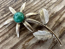 Vintage Lapel Pin Gold Flower Gold Filled Green Gem Stone Brooch  Floral 1 7/8"