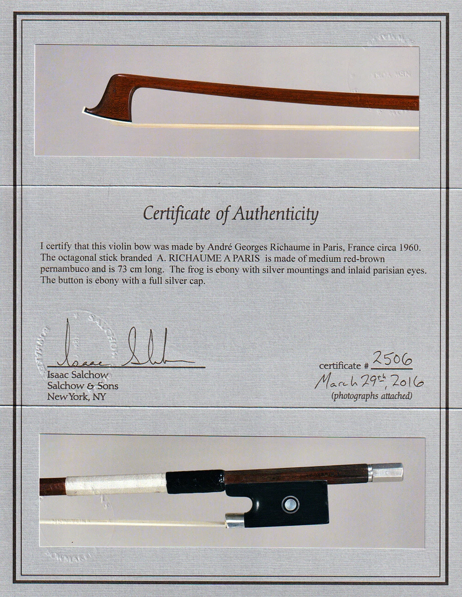 A very fine French certified violin bow by Andre Richaume c. 1960