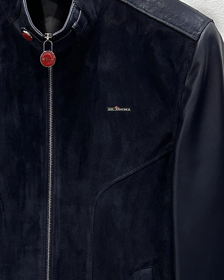 Kiton Genuine Suede Navy Blue Leather Men's Luxury Bomber Jacket - Image 2 of 4