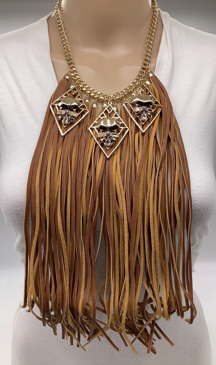 BEBE Faux Leather Fringed Necklace With Stones NWTS