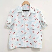 Bode Skiing Penguins Button Up Shirt - Size L - White - NEW - SAMPLE