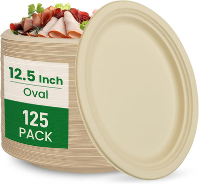 12.5 Inch Compostable Oval Plates [125-Value Pack] - Sustainable and Heavy-Duty 