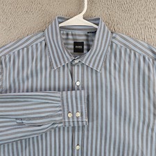 Hugo Boss Mens XL Blue Striped Cotton Long Sleeve Button Down Shirt