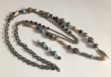 Chain Link Colorful Beads Long Necklace Drop Dangle Earrings Set Gold Blue