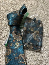 NWT 100 Silk Tie Necktie Teal Blue Gold Brown Paisley Pocket Square Cuff Links