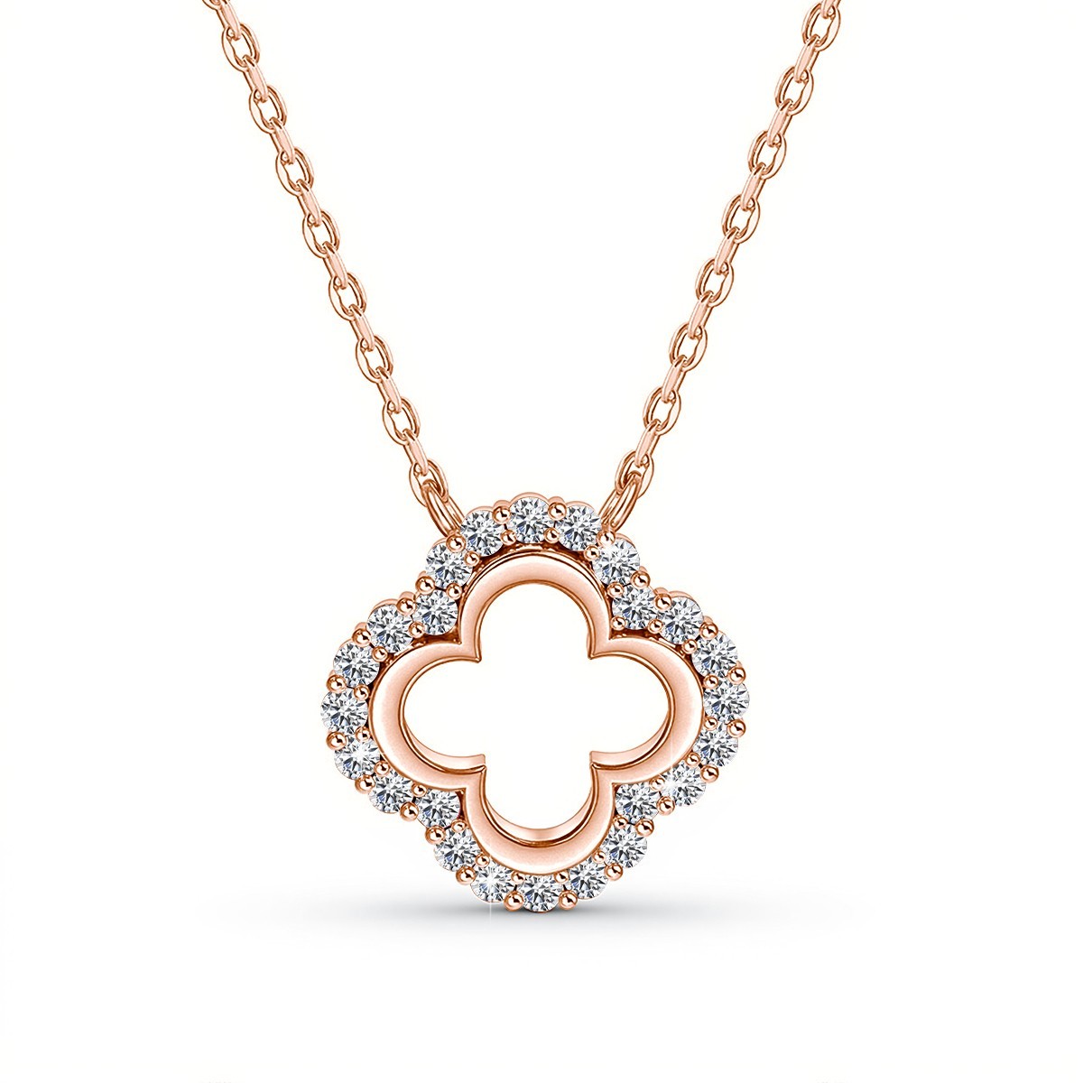 925 Sterling Silver Moissanite Clover Necklace in 18k Rose Gold Plated