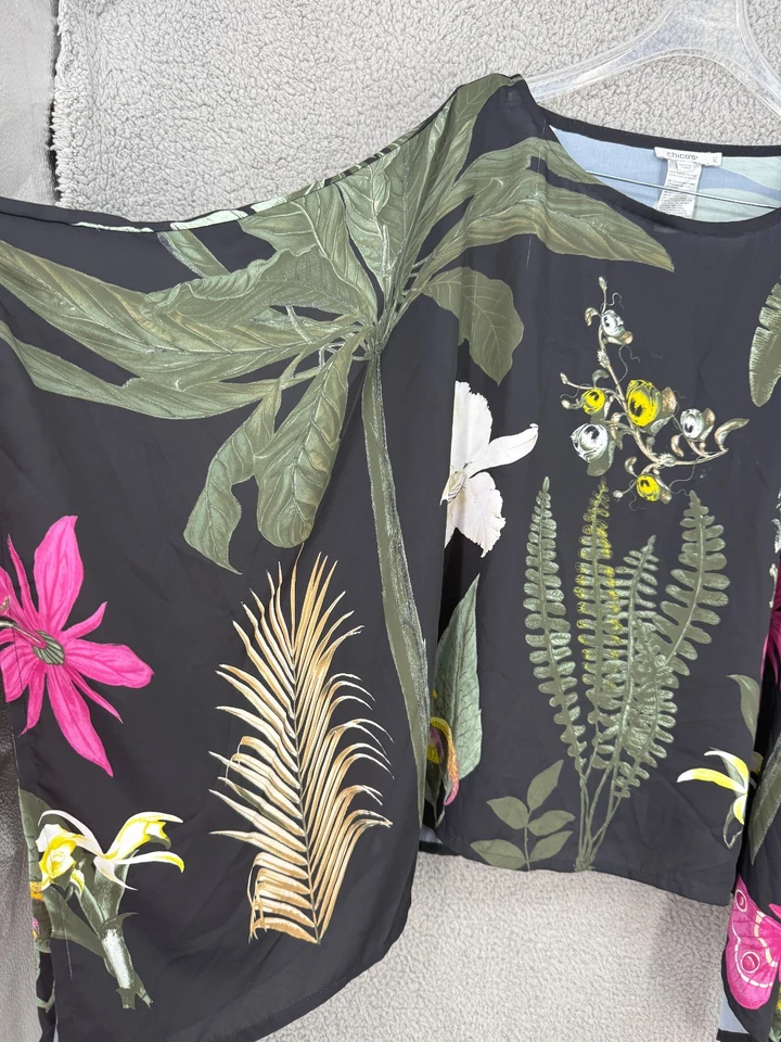 Chicos Border Floral Poncho L/XL Botanical Print Kimono Floral Pullover - Image 2 of 4