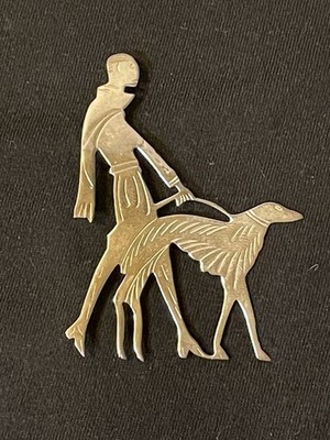 Sterling Silver Art Deco Style Woman Walking Borzoi Dog Brooch 7 Grams