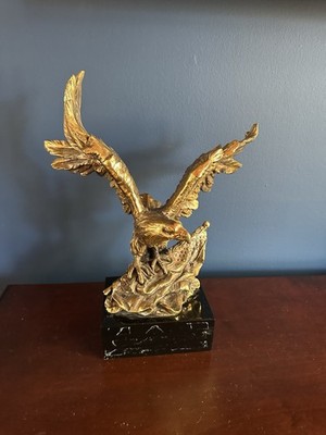 Vintage Mounted Solid Brass Eagle on Flag Trophy