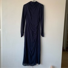 NWT Reformation Tilda High Mock Neck Long Sleeve Slit Maxi Dress Gown Navy Blue