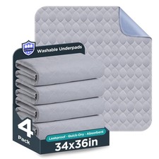 Washable Bed Pads 34" x 36" - 4 Pack, Grey, Waterproof Bed Pads for Incontine...