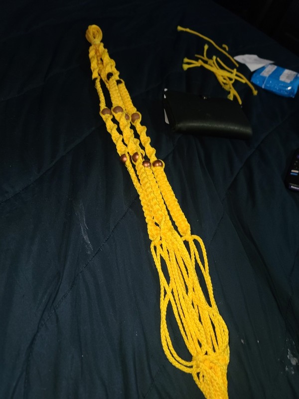 YELLOW CORD, HANDCRAFTED, WELL MADE MACRAME  HANGER W/BEADS - 38IN