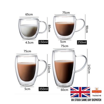 Doppelwandiger Isolierglas Kaffeeglas Becher Teetasse mit Henkel 150/250/350/450