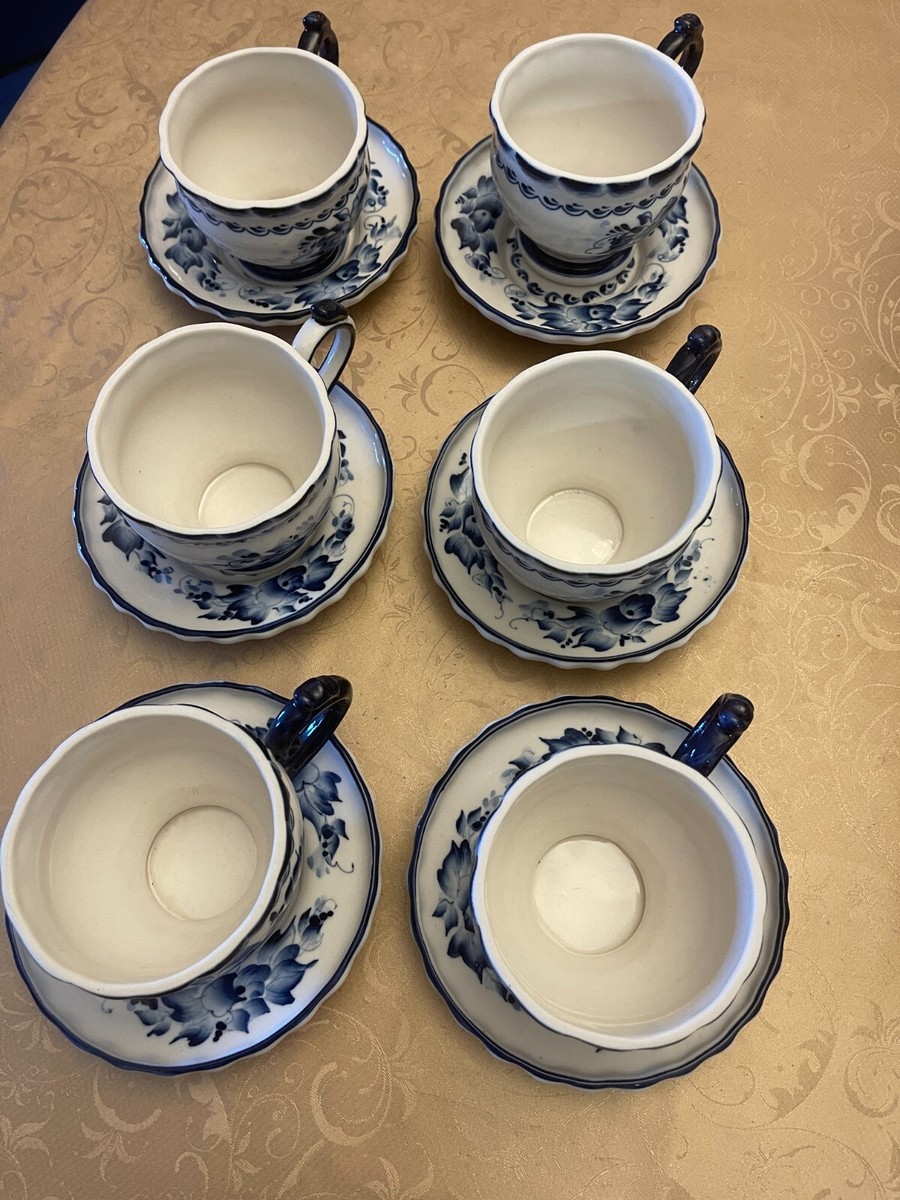 Gzhel Vintage Russian ceramic Tea Set of 15 Hand Pained Authentic