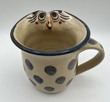 Studio Art Pottery Bird Face 12oz Coffee Mug with Blue Polka Dots Signed Wanda