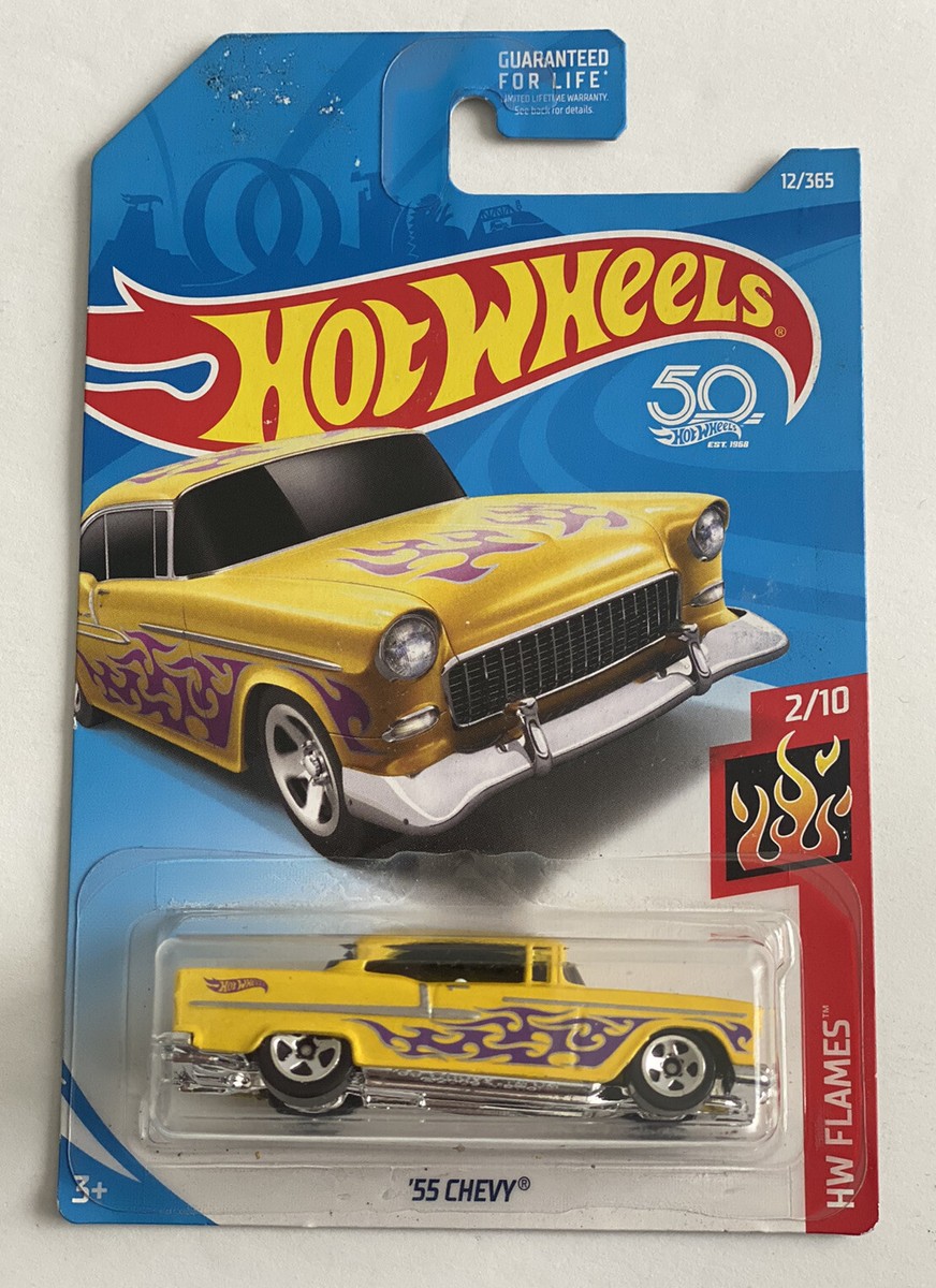 Hot Wheels '55 Chevy 2/10 HW Flames 2018 Series in Yellow | eBay